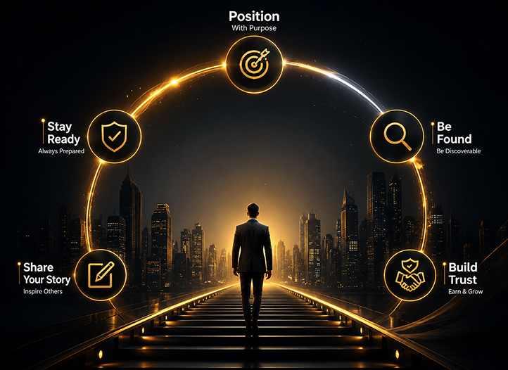 A businessman standing on illuminated stairs looking towards a city skyline within a circular growth infographic framework at WorthLift.