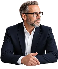 A distinguished executive with glasses and a dark suit sitting attentively at a desk for WorthLift corporate services.