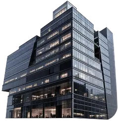 A modern glass skyscraper corporate headquarters with illuminated office windows representing WorthLift infrastructure.