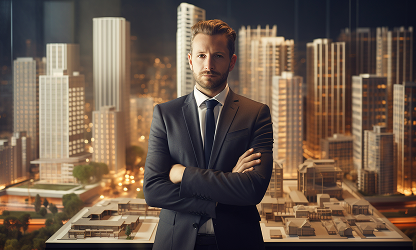 A confident businessman standing with arms crossed in front of a illuminated city skyline scale model at WorthLift.