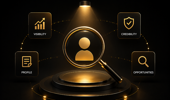 WorthLift Personal Branding and Executive Visibility Framework A 3D gold infographic featuring a magnifying glass focusing on a user icon surrounded by Profile, Visibility, Credibility, and Opportunities icons at WorthLift.